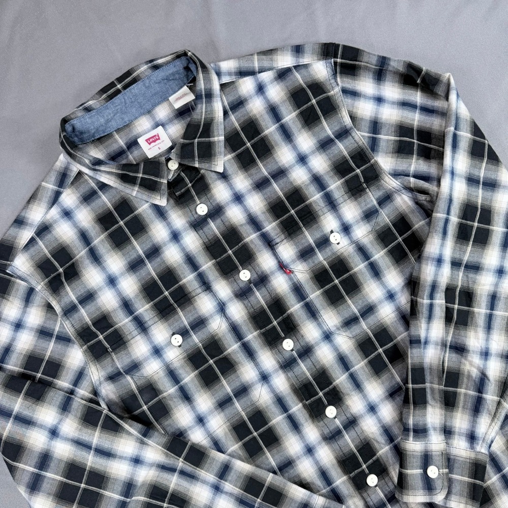 Levi's Mens S Black White Blue 100% Cotton Plaid‎ Worker Relaxed Flannel Shirt